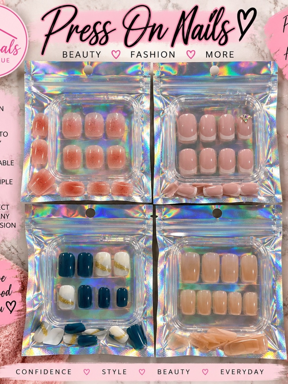Press-On Nail Set — Neutral Pink, Coral, Teal & Nude Styles